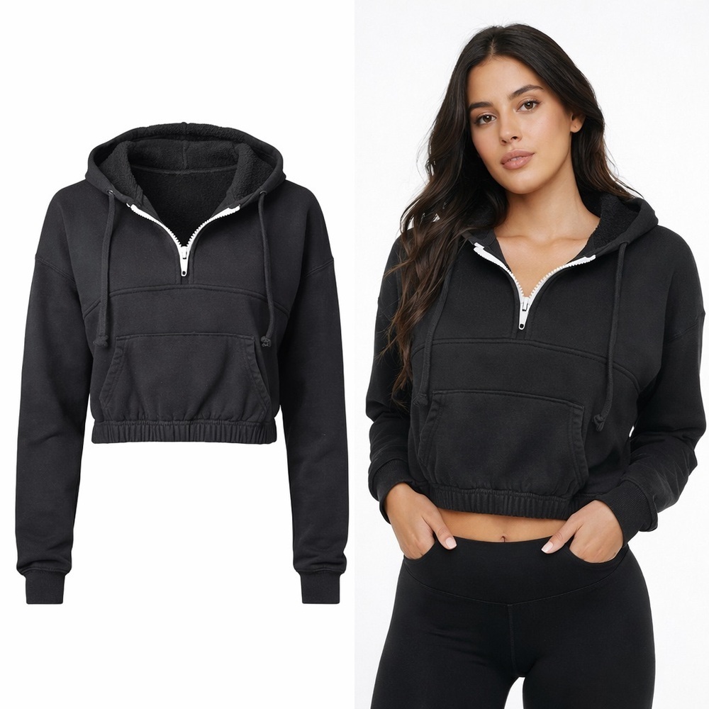 Strut This Black Cropped Half Zip Hoodie Cotton Athleisure M